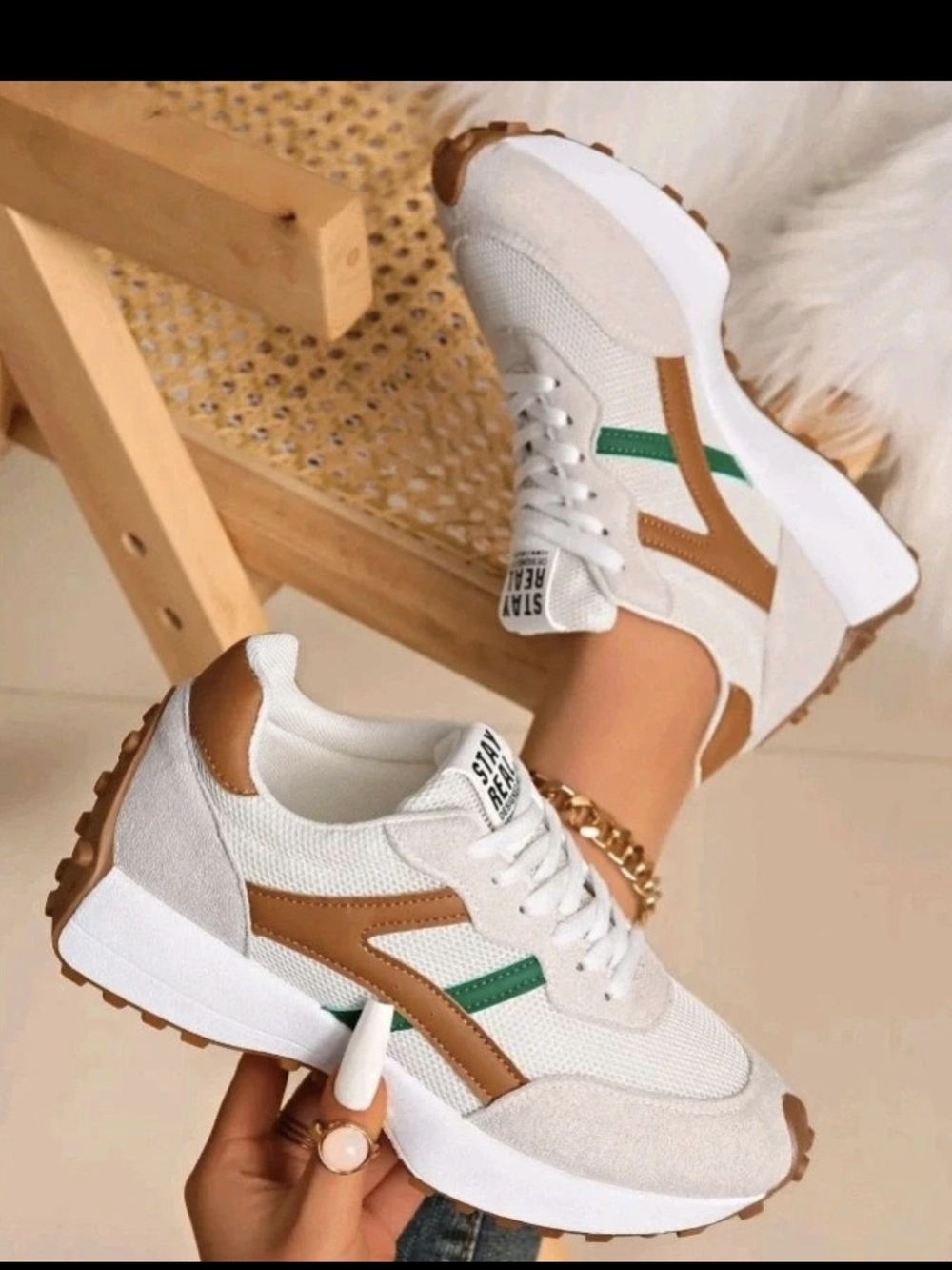 White Sneakers with Tan Panels and Green Stripe — Women's Fashion Trainers